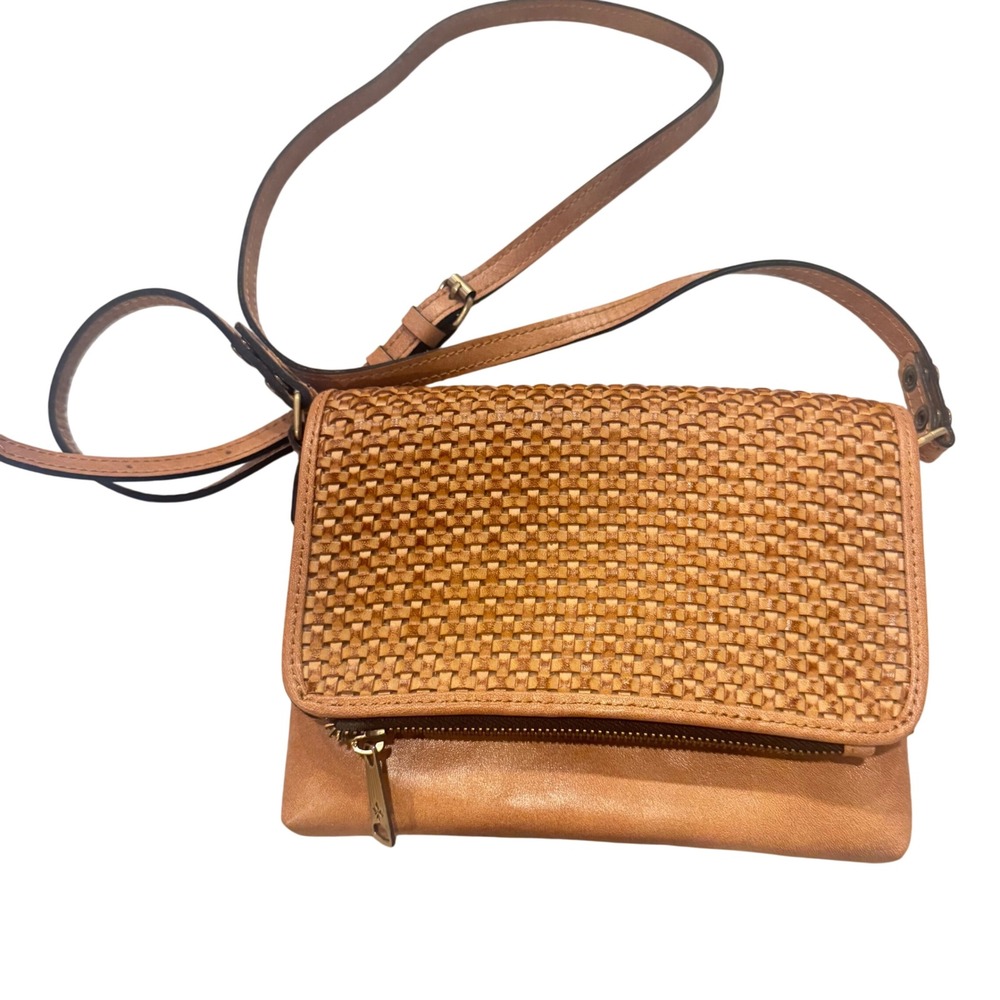 Patricia Nash Corfu Tan Woven Leather Crossbody Long Strap 82568 8.5x6.5" EUC